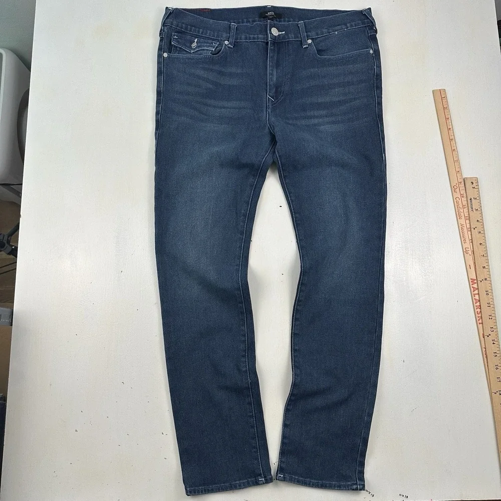 True Religion Rocco SN Relaxed Skinny Jeans Men 36x32 Blue Flap Pockets Stretch